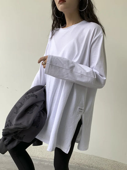 Women's Solid Color Split Long-Sleeved T-Shirt 2024 Korean Spring And Autumn New Ladies Casual Loose Tops Bottoming White Shirts