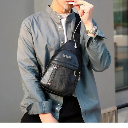 Classic Chest Bag Black PU Material Simple Retro Fashion Mens Crossbody Bag Sling Bag for Men and Women