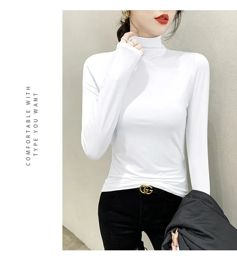 Black Turtleneck T-shirt Long Sleeve Tops Women Y2k Clothes Autumn Winter Korean Fashion Modal Elegant T-shirts for Women 2024