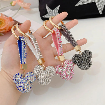 Light Luxury Rhinestone Mickey Head Keychain Crystal Leather Strap Women Bag Pendant Creative Car Keychain Lover Gift for Friend