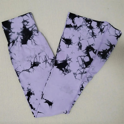 Women Tie Dye Flared Pants Knit Seamless Leggings High Waist Butt Lift Fitness Pants Gym Yoga Cycling Slim Fashion Flared Pants