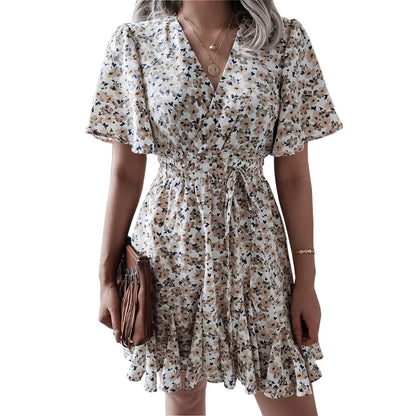 Summer 2024 new style women floral dress bubble sleeve French retro V-neck high-end chic design A-line skirt girls short dress