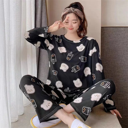 2PCS/Set Women's Clothes Spring and Fall Pajamas Long-Sleeved Cartoon Cute Sweet Floral Young Girl Homewear Outside Loungewear