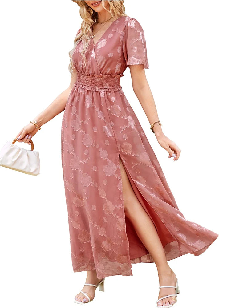 Maxi Dress Casual Summer V Neck Puff Sleeve High Waist Lace Up Dress Elegant Flowy Dress Sleeveless for Women  Thigh Slit Crosso