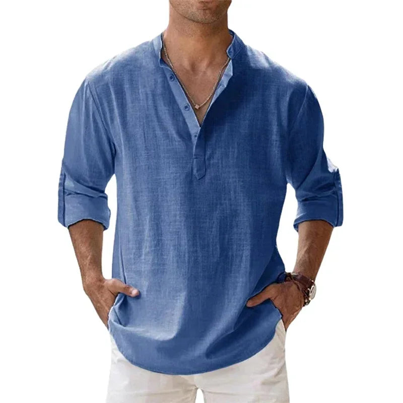 New Men's Linen Long Sleeve T-Shirts Breathable Shirt Solid Color Casual Basic Cotton Linen Shirt Tops