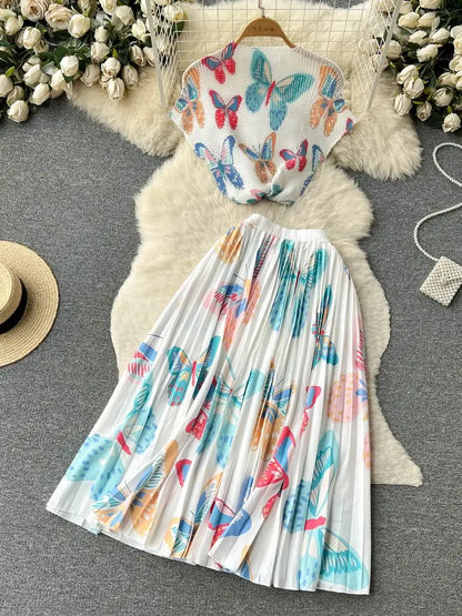 New Summer Runway Pleats Floral Print Two Piece Set Women Half High Collar Stretch Top+Elastic Waist Long Pleated Skirt Outfits