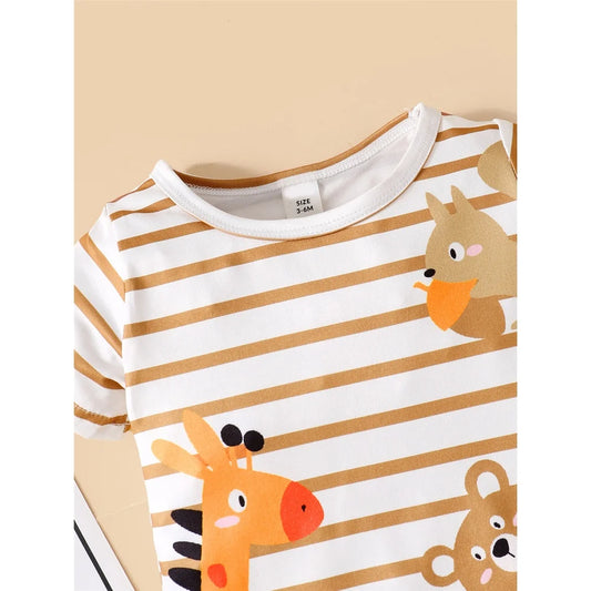 Baby Boy Cute Animals Romper Striped Short Sleeve Jumpsuit+Hat 2PCS Summer Korean Style Clothes Suit for Toddler Boy 3-24Months