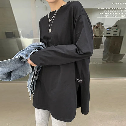 Women's Solid Color Split Long-Sleeved T-Shirt 2024 Korean Spring And Autumn New Ladies Casual Loose Tops Bottoming White Shirts