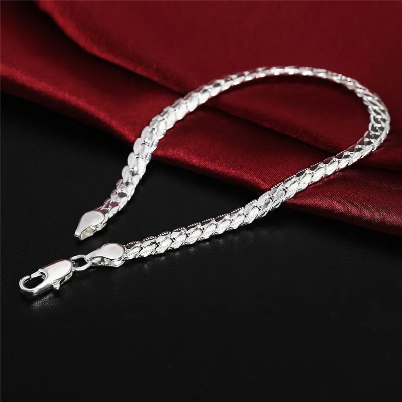 925 Sterling Silver Bracelet 6mm 18/20cm Flat Side Chain Lobster Clasp For Woman Man Wedding Engagement Jewelry