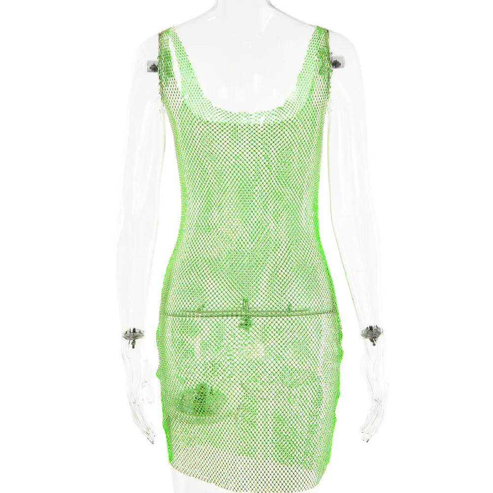 European and American Clothing 2024 Summer New Style Bright Diamond Dress Net Diamond Sexy Suspender Hollow See-through Skirt