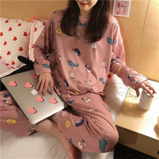 2PCS/Set Women's Clothes Spring and Fall Pajamas Long-Sleeved Cartoon Cute Sweet Floral Young Girl Homewear Outside Loungewear