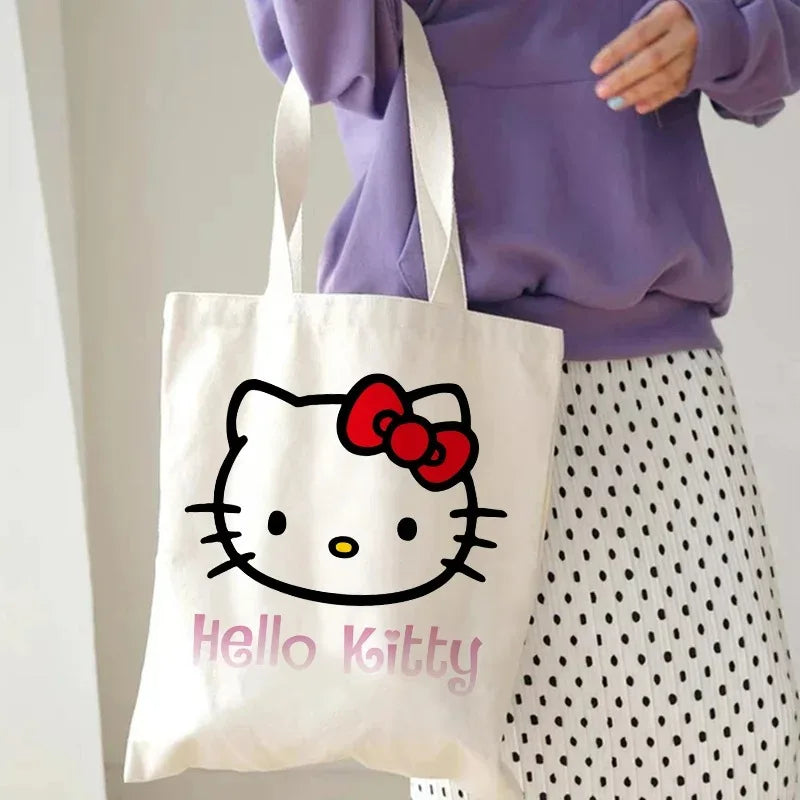 Hello Kitty Canvas Tote Bag Harajuku Y2k 90s Cartoon Girl Handbag Large Capacity Female Shoulder Bags Portable Travel Purse Gift