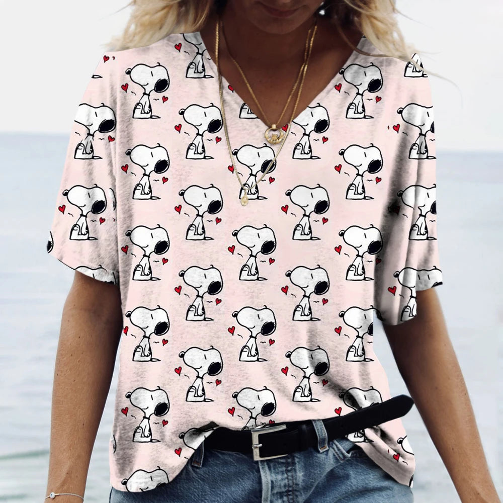 Women's T-shirts Disney Snoopy 3D print New V-neck Short Sleeve Summer Casual Women's Clothing Harajuku Y2K Hip Hop Clothe