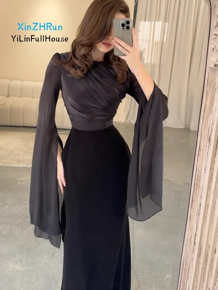 2024 New Women Fashionable Elegant Round Neck Bat Sleeve Waist Strap Dress Sexy Slimming Glass Yarn Large Skirt Satin Long Dress