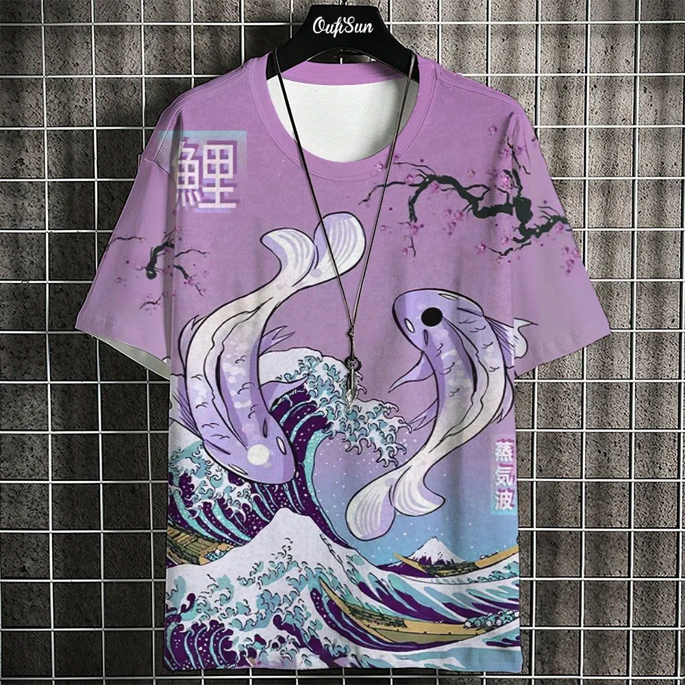 Ukiyo-E T-Shirt For Men Japanese Tshirts 3d Animal Fish Print Short Sleeve Tees Tops Casual Sweatshirt Men's Clothing S-4XL