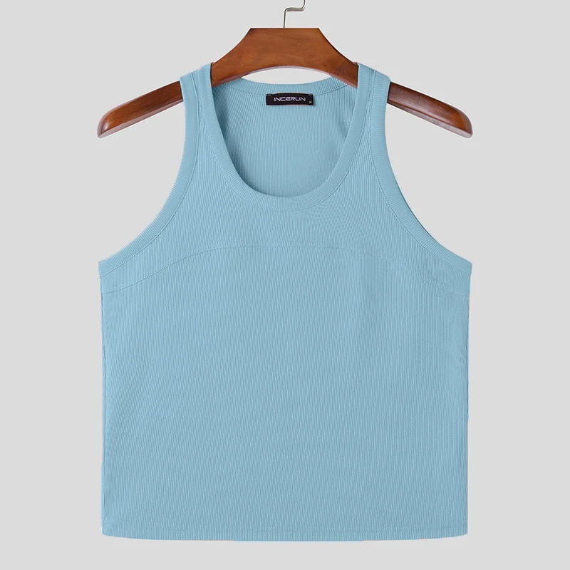 2024 Men Tank Tops Solid Color O-neck Sleeveless Streetwear Fitness Casual Male Vests Summer Fashion Crop Tops Men S-5XL INCERUN