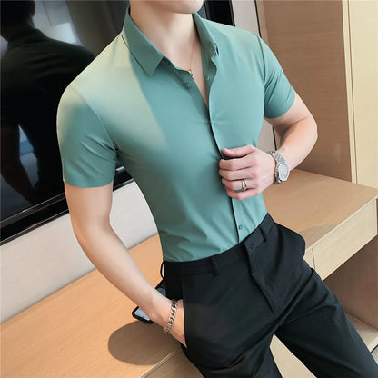 6colors High Quality New Solid High Elasticity Seamless Short Sleeve Shirts Men Slim Social Casual Business Formal Dress Shirt