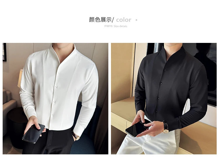 Brand Clothing Men's High Quality V-neck Long Sleeve Shirts Male Slim Fit Fashion Solid Color Office Dress Shirt 4XL-M