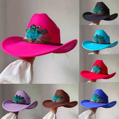 New 9CM Wide Brim Western Cowboy Hat For Men's Vintage Fascinator Cowgirl Jazz Hat Cloche Church Caps Sombrero Hombre