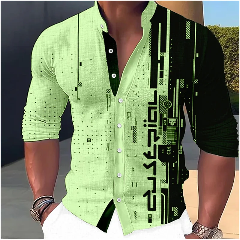 2023 Men's Shirt Pattern Printing Geometric Stand Collar White Outdoor Street Long Sleeve Clothing Fashion Streetwear Designer