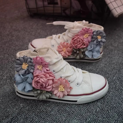 Beading Kids Shoes Autumn Children's Shoes Korean Flower Girls Canvas Shoes Casual Lace High Top Sneakers Sider Zipper