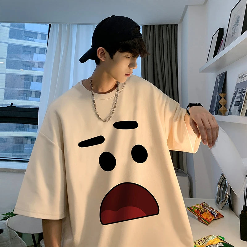 Men's Cotton Oversized T-shirts 5XL Mens T Shirt Casual Summer Wear Emote Fashion Print White Tee Shirts for Men Clothing