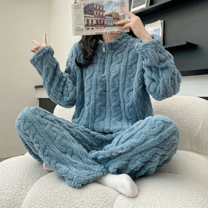 1 Set Winter Women Pajamas Warm Plush 2-Piece Sleepwear Set Stylish Solid Color Elastic High Waist Pullover Pajama Suit