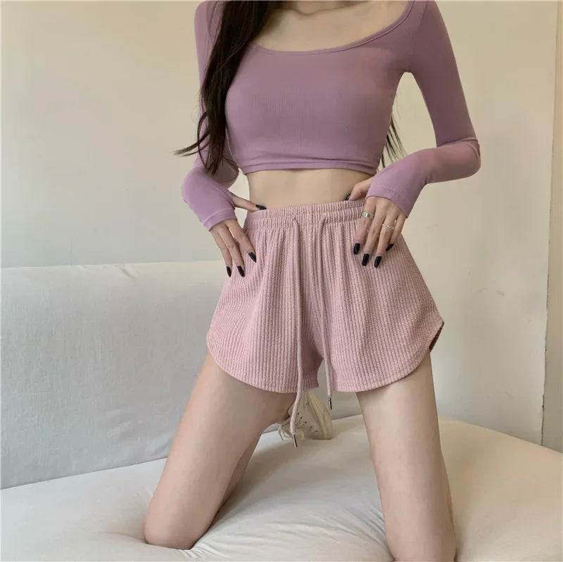 Women Shorts Summer High Elastic Lace Up Drawstring Wide Leg Sweat Short Fitness Running Shorts Loose Casual Large Sports Pants