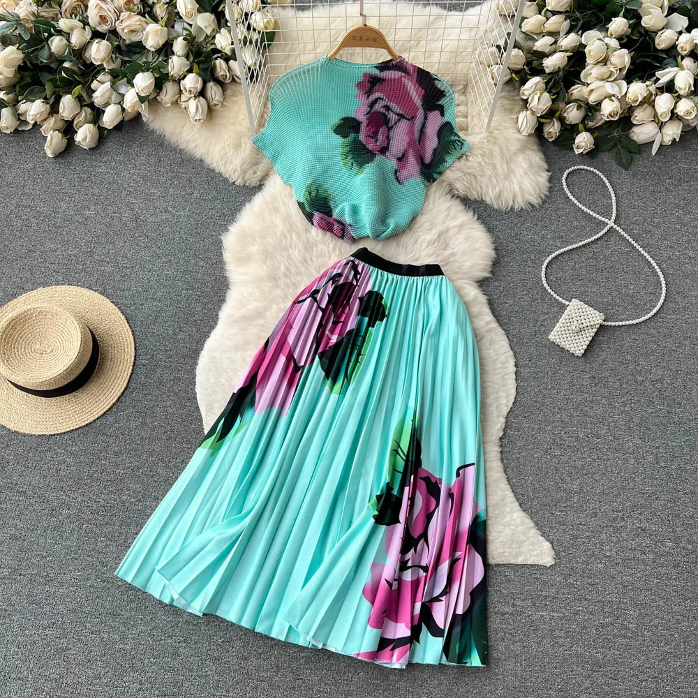 New Summer Runway Pleats Floral Print Two Piece Set Women Half High Collar Stretch Top+Elastic Waist Long Pleated Skirt Outfits