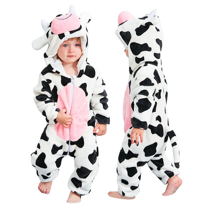 MICHLEY Halloween Cow Flannel Baby Rompers Winter Clothes Costume Hooded Bodysuits Pajamas Animals Overall Jumpsuit For Girl Boy