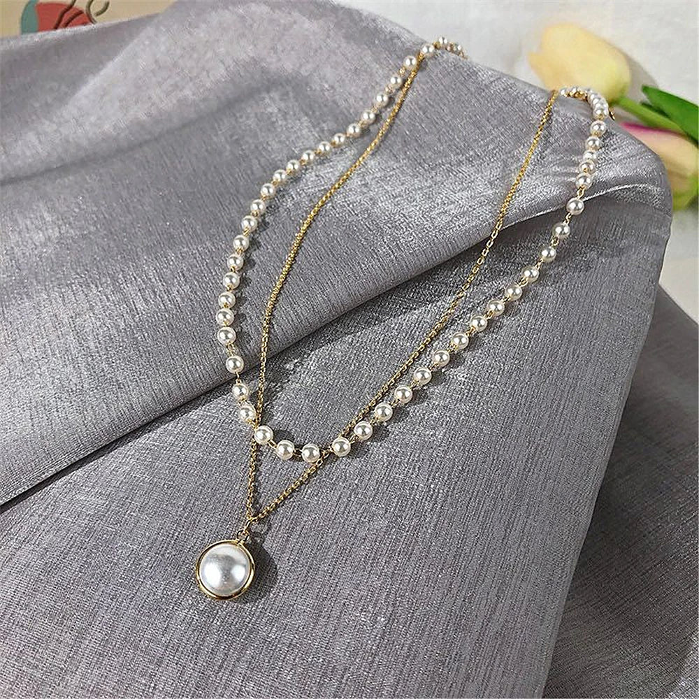 Multilayer Imitation Pearl OT Buckle Pendant Necklace Women Wed Bridal Goth Bead Chain Y2K Accessories Neck Jewelry Decoration