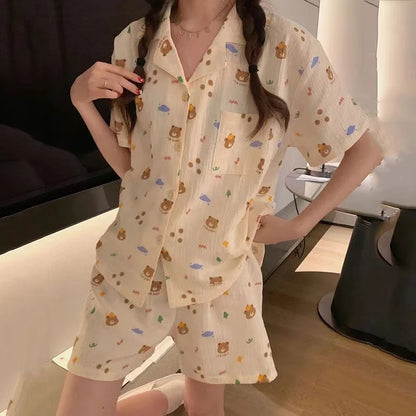 Women's Pajamas New Summer Short Sleeve Soft Sleepwear Set Grid Cartoon Printed Pyjama Woman Home Nightwear Set Cardigan