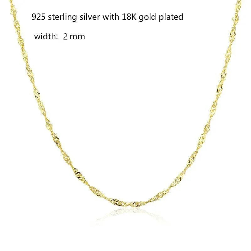 35cm-60cm 925 Sterling Silver with Gold Color Water Wave Chain Necklace Women Girls Jewelry Kolye Collares W 2mm