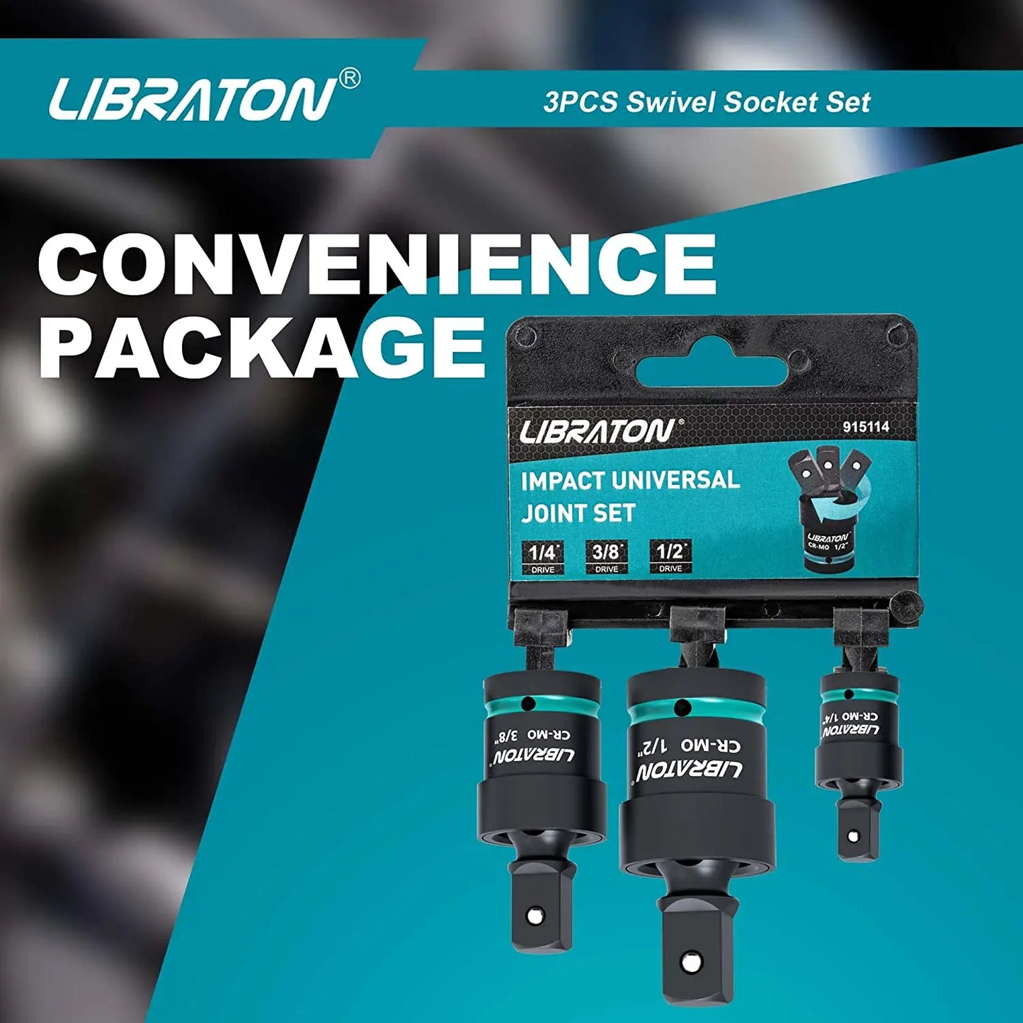 Libraton Swivel Socket Set Impact Swivel Socket Set, Wobble Socket Impact Grade Universal Joint 1/4" 3/8" 1/2" Drive Cr-Mo Steel