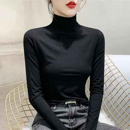 Black Turtleneck T-shirt Long Sleeve Tops Women Y2k Clothes Autumn Winter Korean Fashion Modal Elegant T-shirts for Women 2024