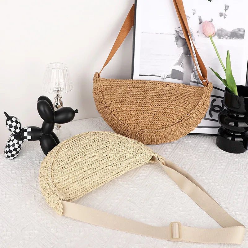 Simple Paper Rope Women's Shoulder Bags Summer Fashion Straw Semicircle Crossbody Bag Casual Beach Woven Handbags Underarm Bag