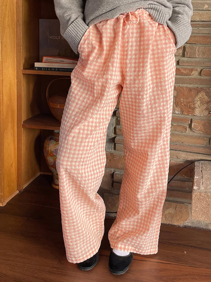 Gaono Comfy Wide Leg Pants Vintage Elastic Waist Plaid Striped Print Pants Women Lounge Trousers Pockets 00s Retro Pajams Bottom