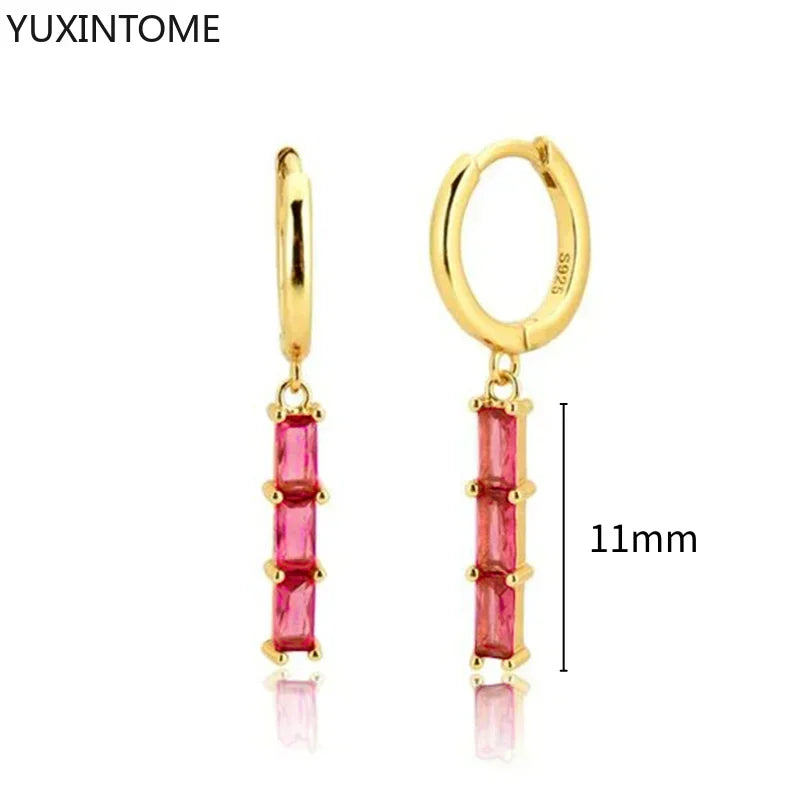 925 Silver Ear Needle Rose Red Hoop Earrings For Women Exquisite Water Drop/Flower/Heart Crystal Piercing Huggie Earring Jewelry