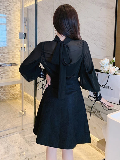 TWOTWINSTYLE Embroidery Two Piece Sets For Women Stand Collar Lantern Sleeve Shirt High Waist A Line Skirt Vintage Set Female