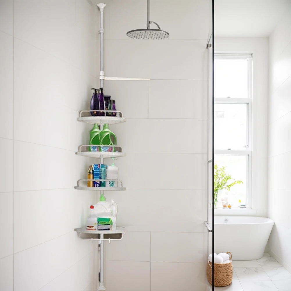 Telescopic Bathroom Shelf No Drilling Floor Ceiling Holder Stainless Steel Frame Shower Caddy Organizer Shelf Adjustable 4 Trays