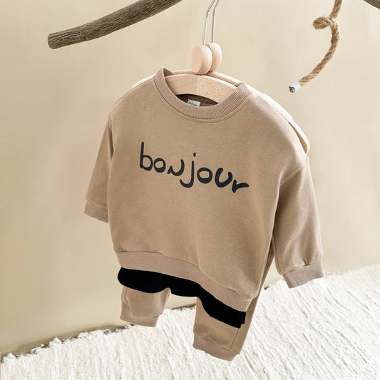 Baby Boy Clothes Set "BONJOUR" Letter Sweatshirt Hoodie+Pant Child Long Sleeve Clothing Suit Casual Letter Pullover Baby Clothes