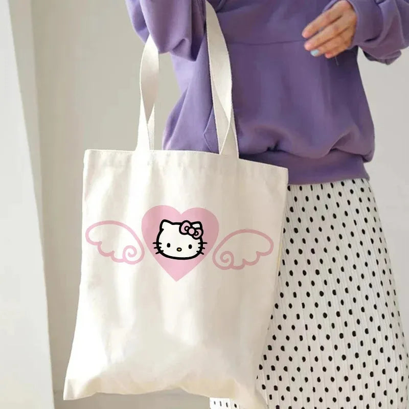 Hello Kitty Canvas Tote Bag Harajuku Y2k 90s Cartoon Girl Handbag Large Capacity Female Shoulder Bags Portable Travel Purse Gift