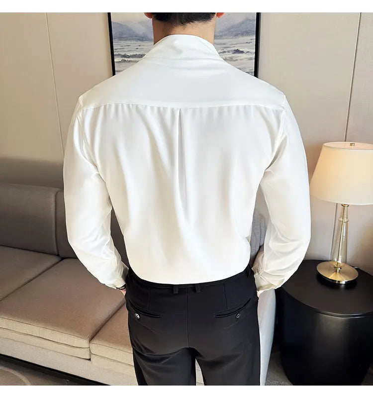 Brand Clothing Men's High Quality V-neck Long Sleeve Shirts Male Slim Fit Fashion Solid Color Office Dress Shirt 4XL-M