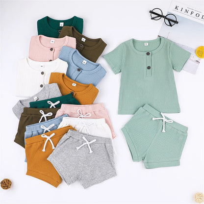 Cotton Casual Summer Newborn Baby Boys Girls Outfits Suit Ribbed Knitted Short Sleeve T-shirts Tops+Shorts 2Pcs Kids Tracksuits