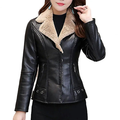 Plush Lapels Faux Faux Leather Jacket For Women Leater Jacket Spring Autumn Slim Fit Cardigan Coat Outerwear Lady Short Jacket