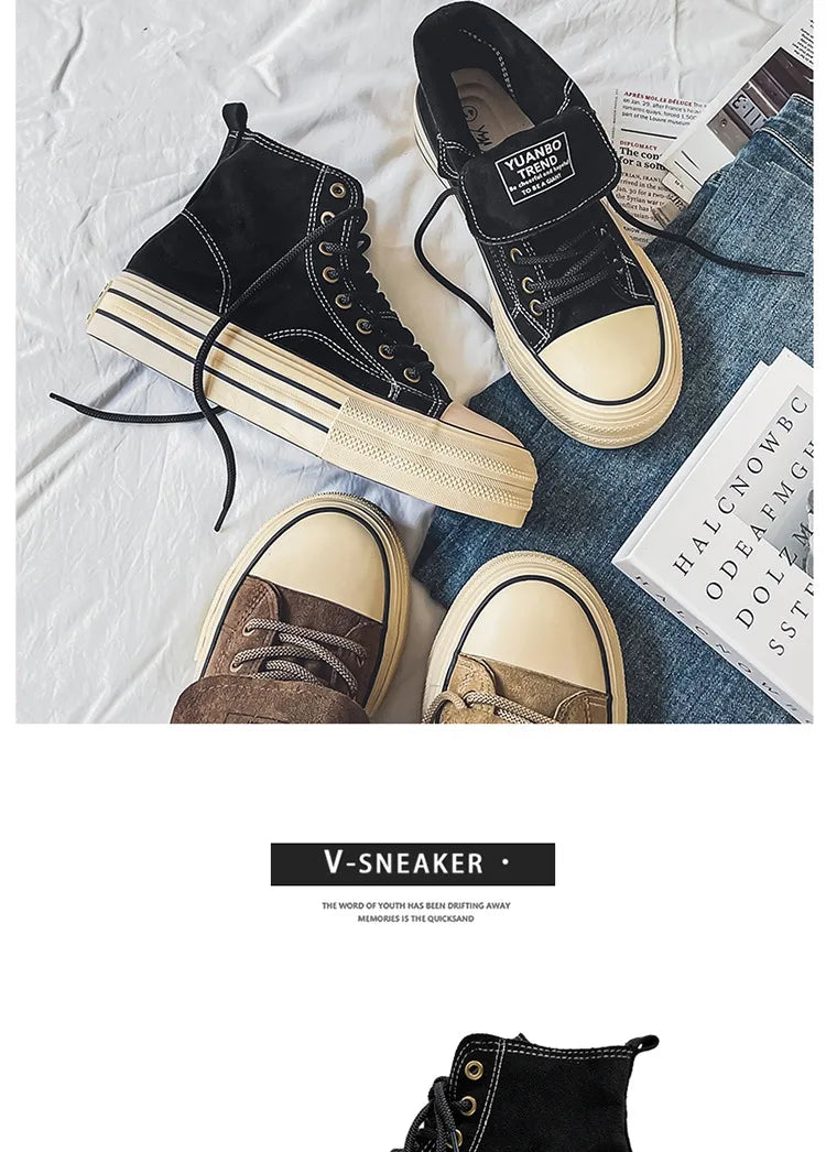 Vintage Brown Couples Casual Sneakers Comfort Suede Thick Sole Men's Shoes Trend Lace-up High Top Shoes Mens Vulcanized Sneakers