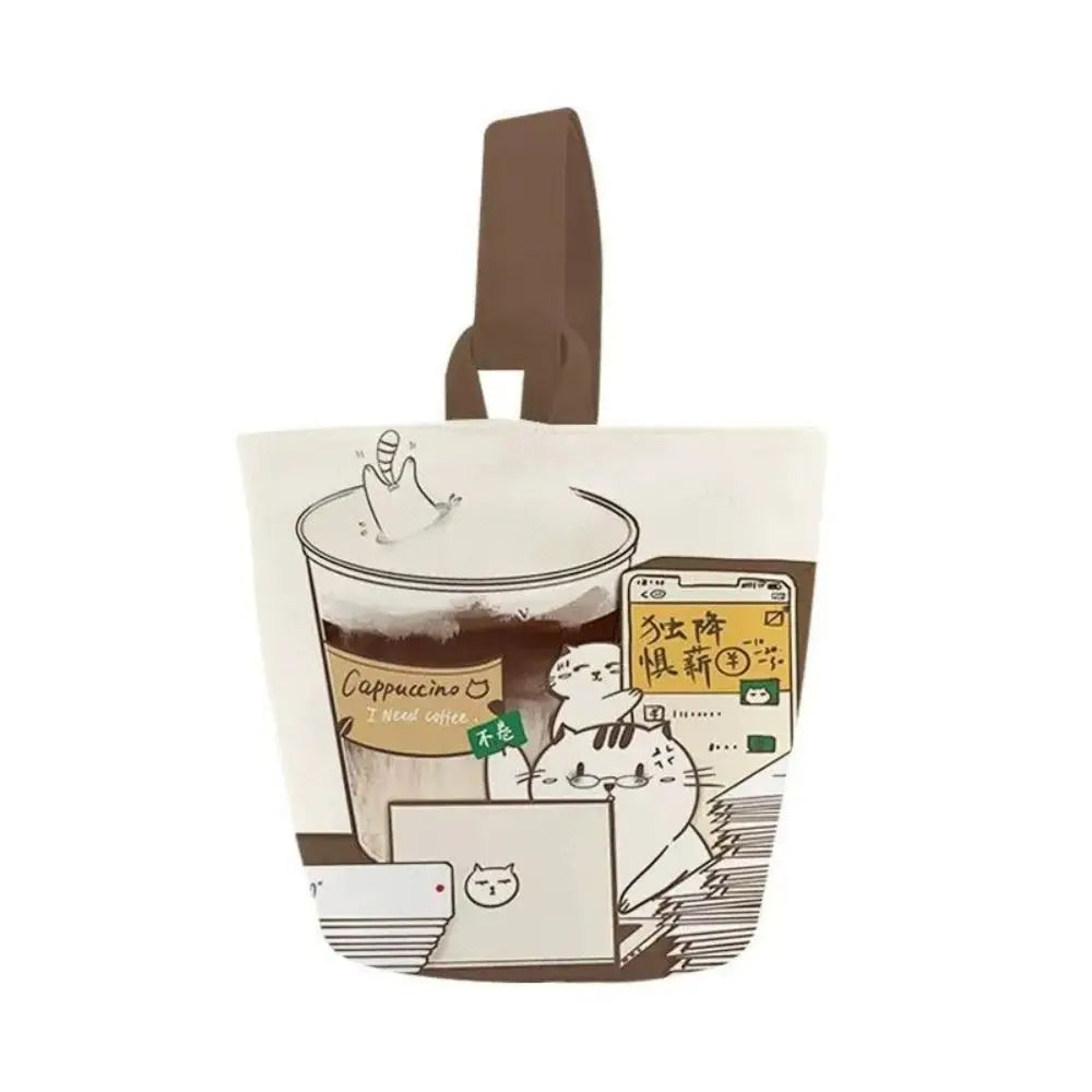 Cartoon Canvas Coffee Cat Bucket Bag Korean Style Handbag Outing Shopping Bag Women Sweet Cute Handbag