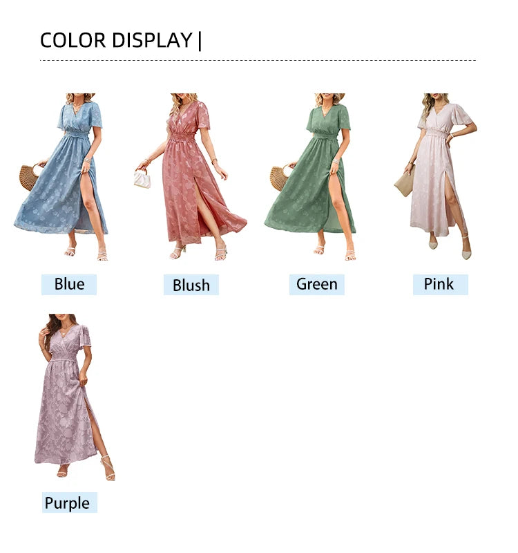 Maxi Dress Casual Summer V Neck Puff Sleeve High Waist Lace Up Dress Elegant Flowy Dress Sleeveless for Women  Thigh Slit Crosso