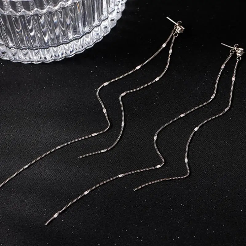 925 Sterling Silver Tassel Earrings Long Asymmetric Earrings Fashion Temperament Earrings Female Wedding Jewelry Birthday Gift