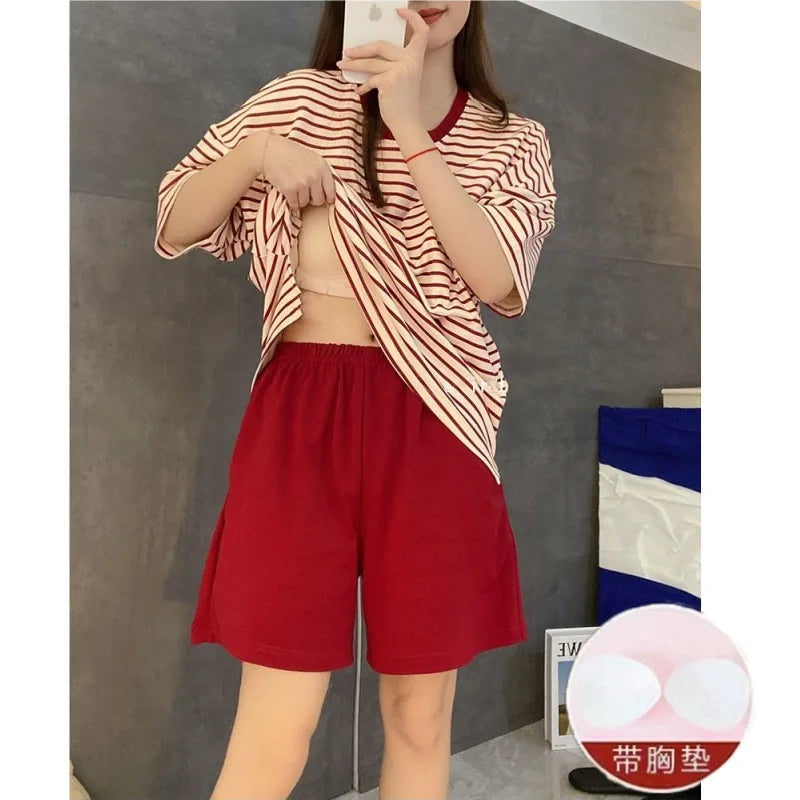 Women Summer Two Pieces Sets Pajamas O-neck Short Sleeve Shorts Pant Homewear With Chest Pad Thin Loose Striped Big Size Cute